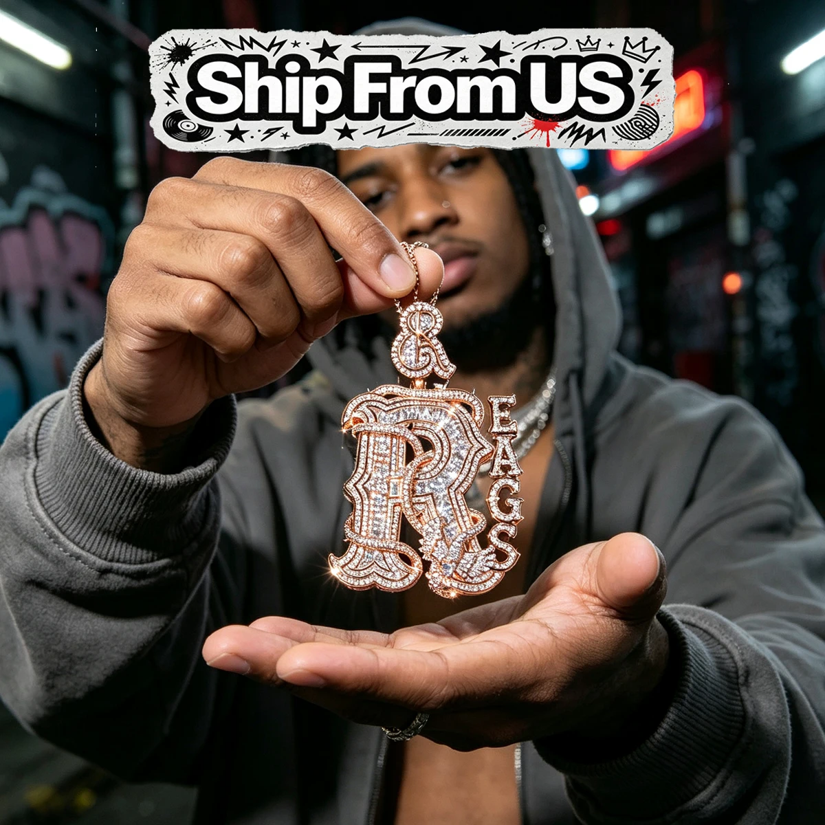 Hip Hop Bling Charm Gothic Alphabet Cuban Chain Accessories Fine Jewelry Gifts for Men Boy Friends Iced Out Custom R Reagss Letter Pendant Full Paved Cubic Zirconia 18K Gold Plated Oversized Shiny Stone Diamond For Rapper Wear Party Daily Stage Jewelry