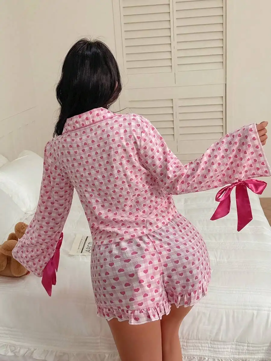 

Heart Print Bowknot Women Pajama Set Long Sleeve Shorts Sleepwear