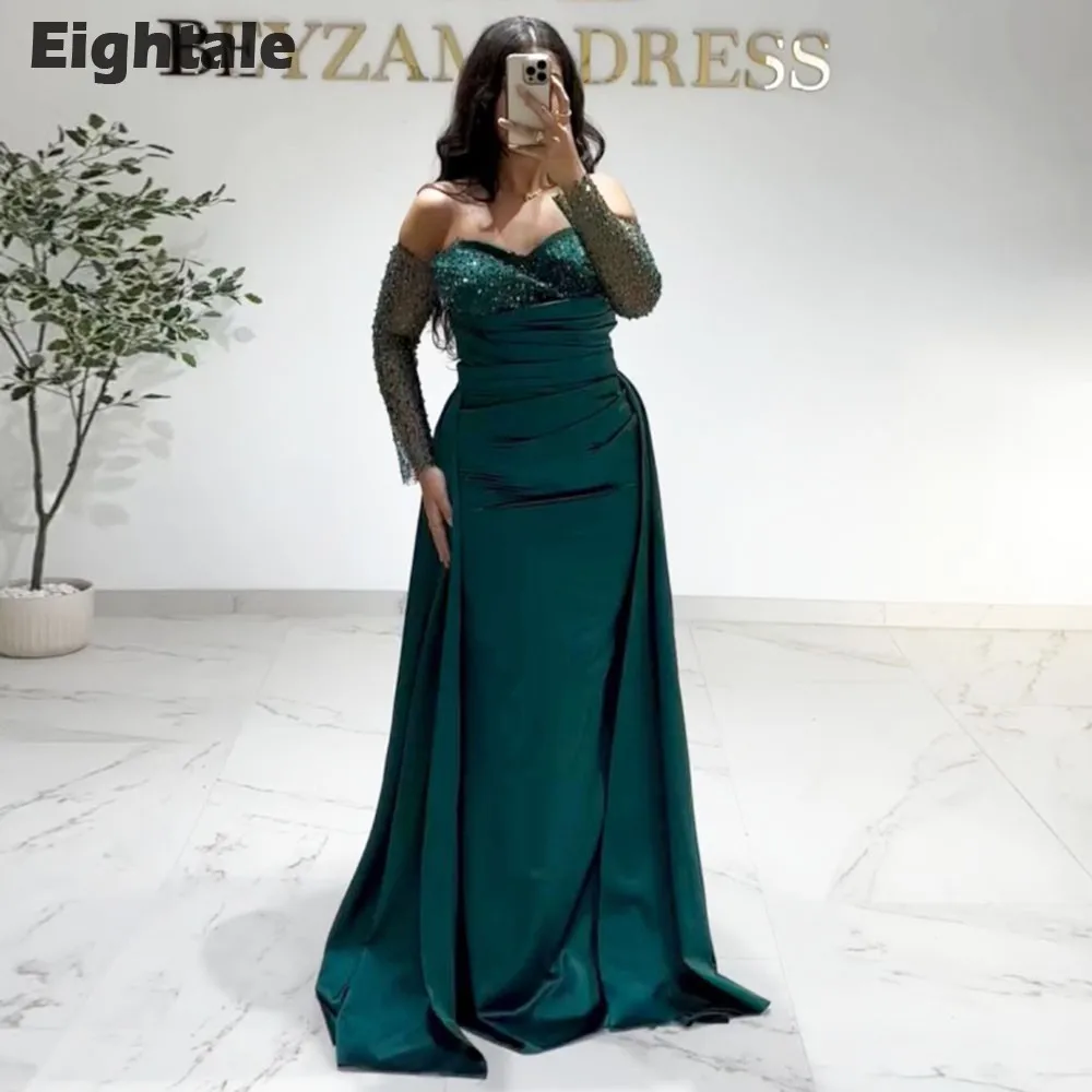 Eightale New Arrival Evening Dresses Long Sleeves Sequin Customized off Shoulder Satin Mermaid Prom Wedding Party Gown