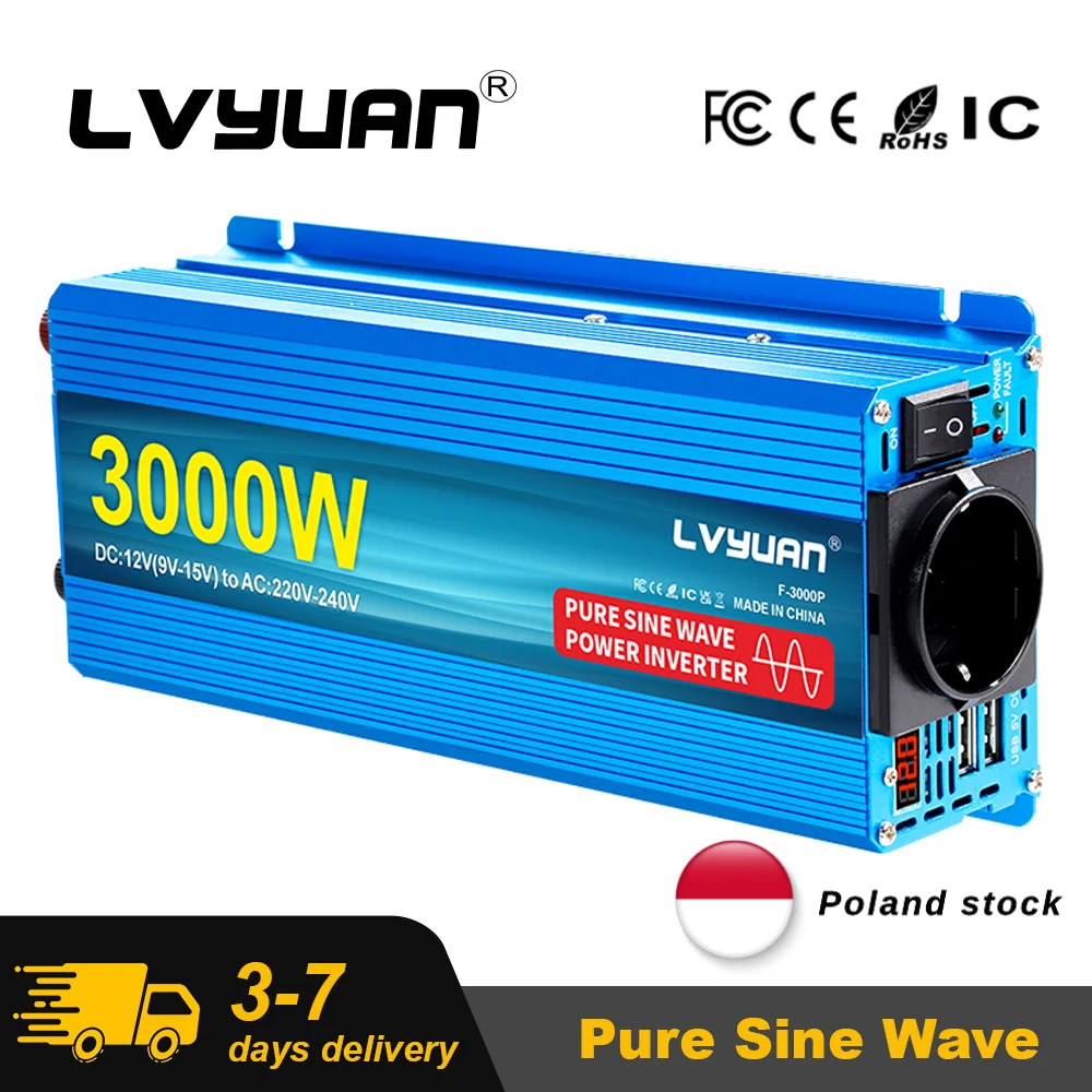 Reiner Sinuswellen-Wechselrichter 1200W-3000W DC 12V zu AC 220V 50Hz Stromwechselrichter-Ladegerät-Adapter EU-Steckdose Dual-USB für Wohnmobil/Reisemobil/Off-Grid/LKW/Marine