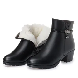 Women Genuine Leather Ankle Boots Women Wool Non-slip Snow Boots Woman Thick-heeled Boots Ladies High Heels Shoes Big Size35-43