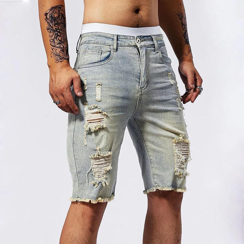 Vintage Denim Shorts Men\'s American Stretch Slim Jeans Fashion Ripped Streetwear Male Hole Frayed Short Pants Blue Black