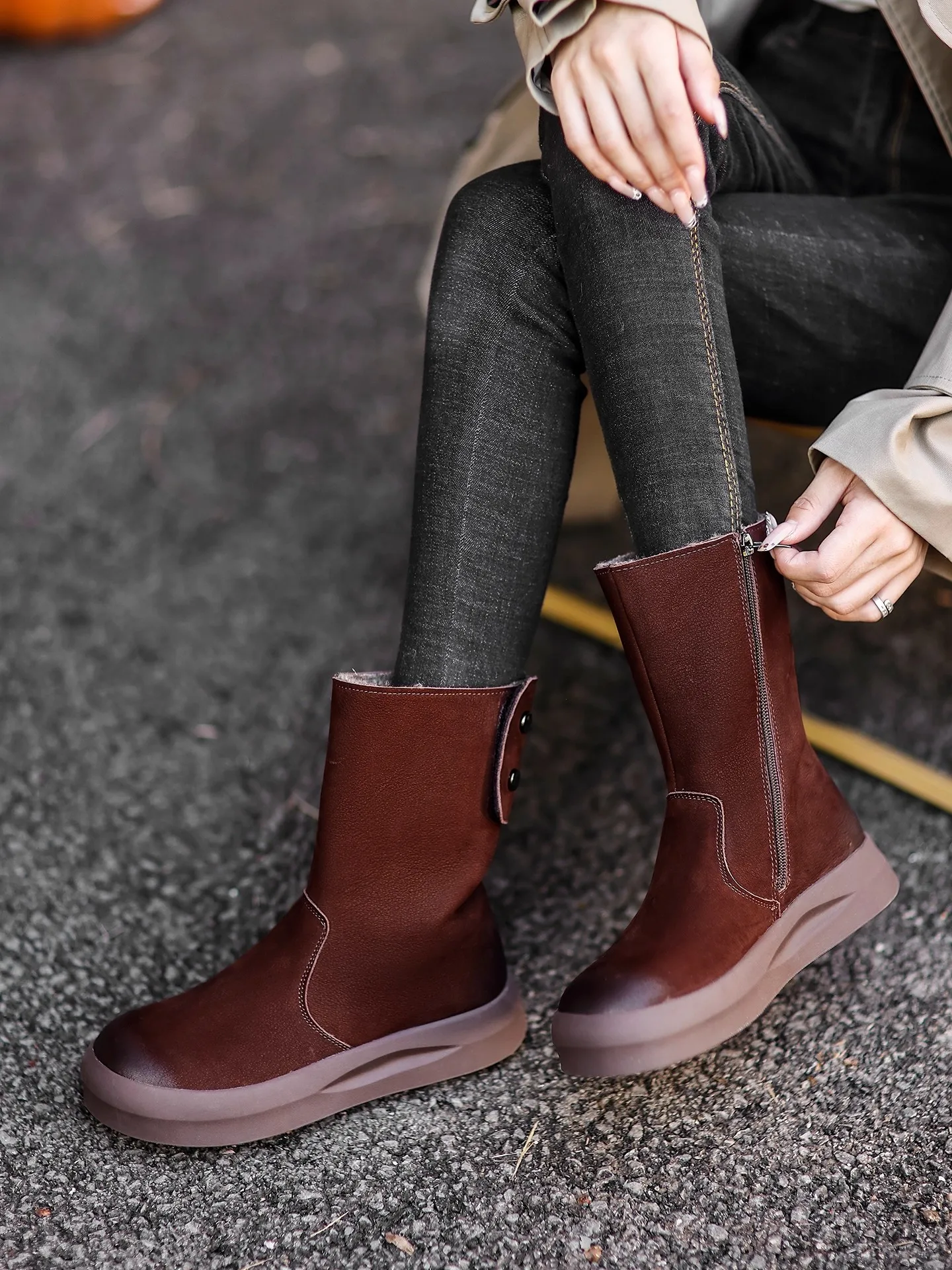 

GKTINOO Thick Soled Nubuck Cowhide Snow Boots 2025 Winter New Genuine Leather Wool Warm Women Mid-calf Boots