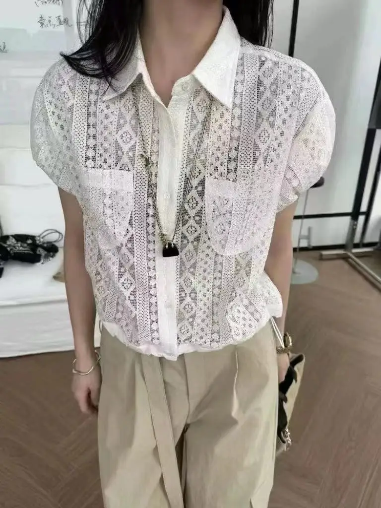 

Кружевной ажурный цветочный узор на крючках, свободный женский однотонный воротник, утягивающий милый модный хлопковый топ