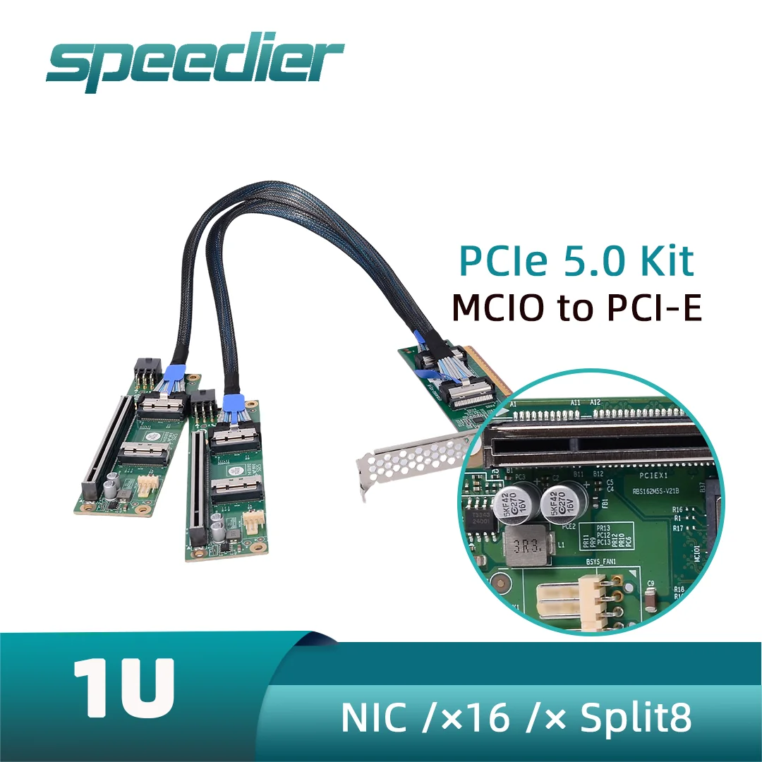 

PCIe 5.0 x16 to MCIO 8i Riser Card 1U Height External GPU Expansion Backplane Kit for Server Support PCIe 4.0/3.0 Breakout Board