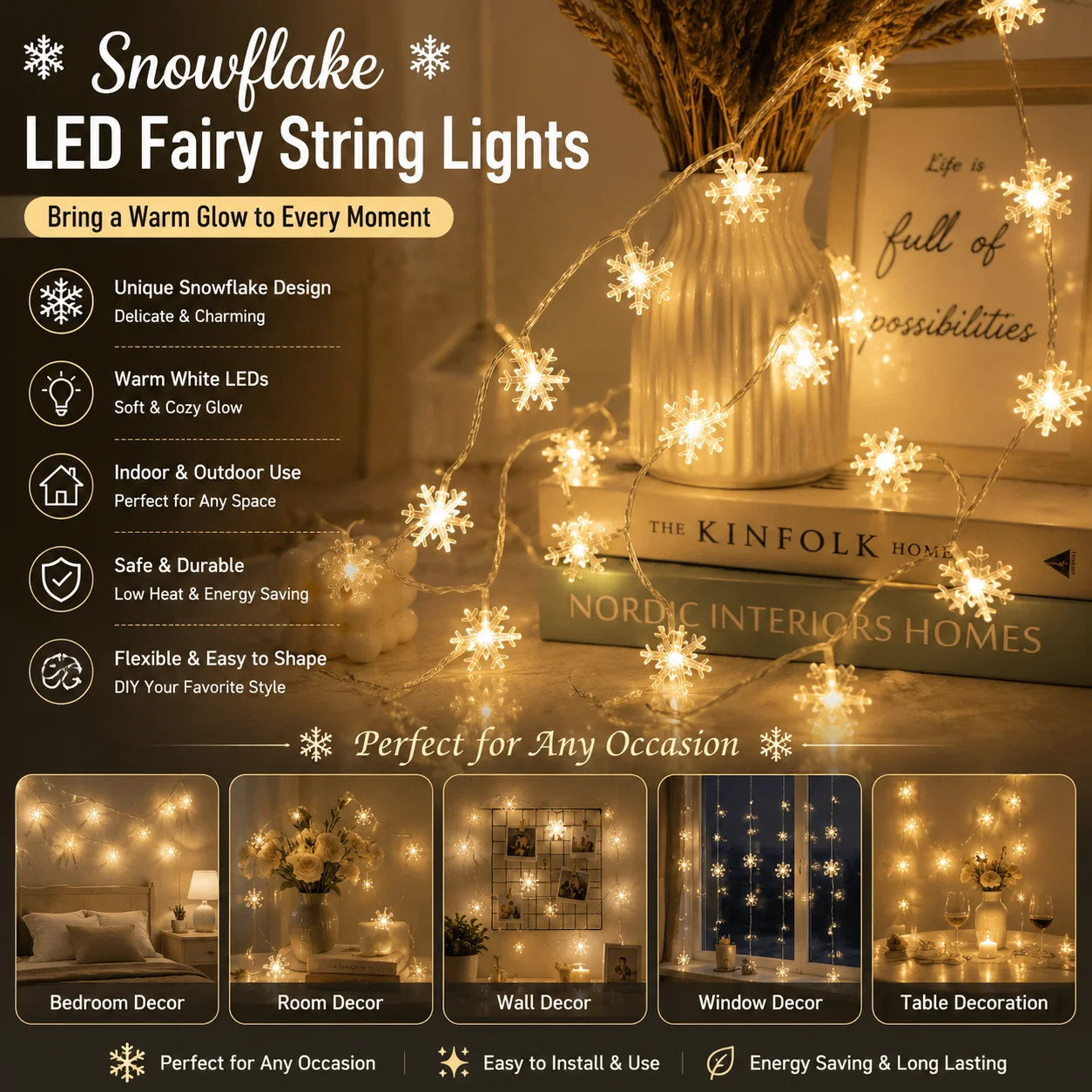 Snowflake LED Fairy String Lights Battery Operated Warm White Garland Lights for Christmas Wedding Party Bedroom Holiday Decor