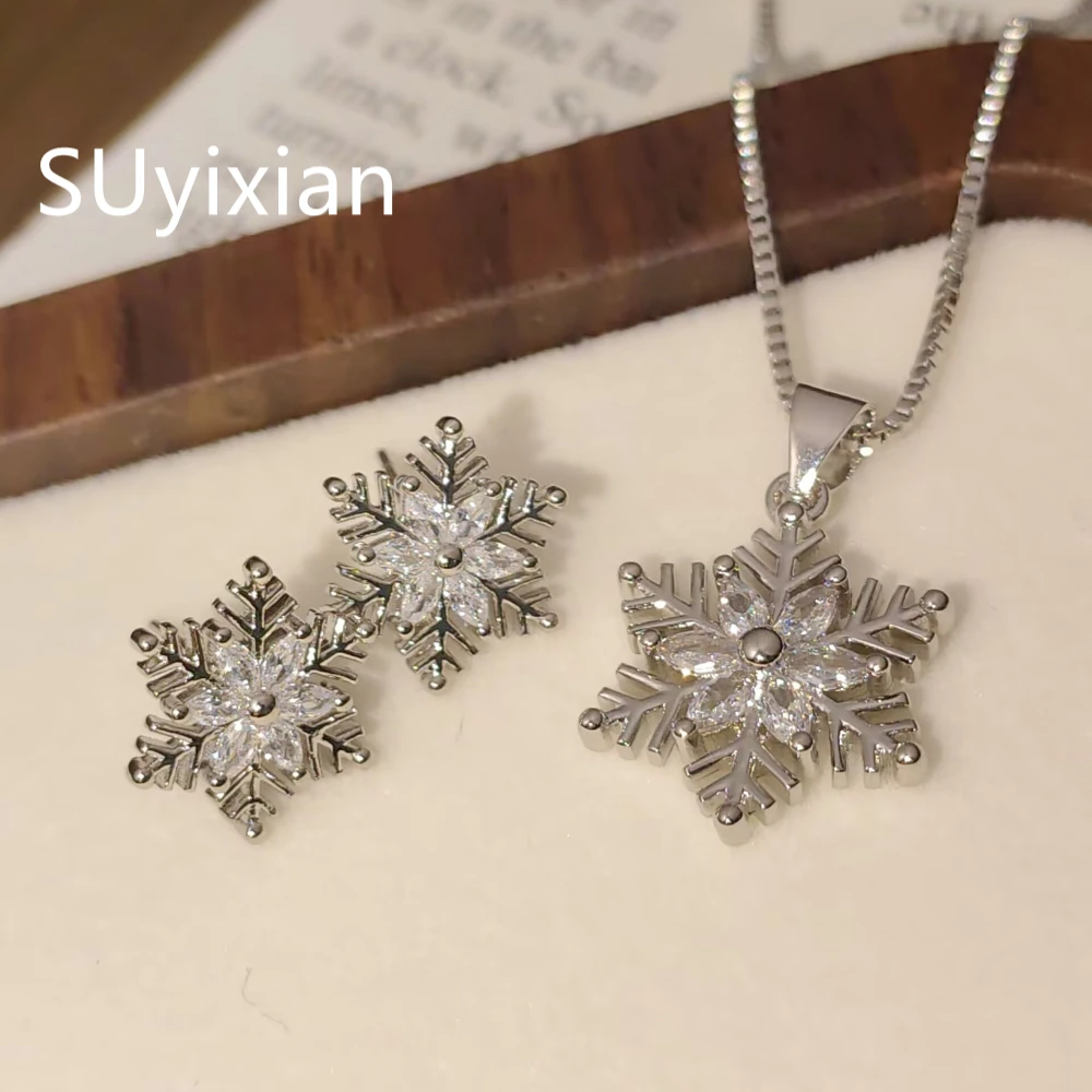 925 Sterling Silver Stylish Delicate Snowflake Zircon Pendant Necklace Stud Earrings Set, Birthday Party Anniversary Gift