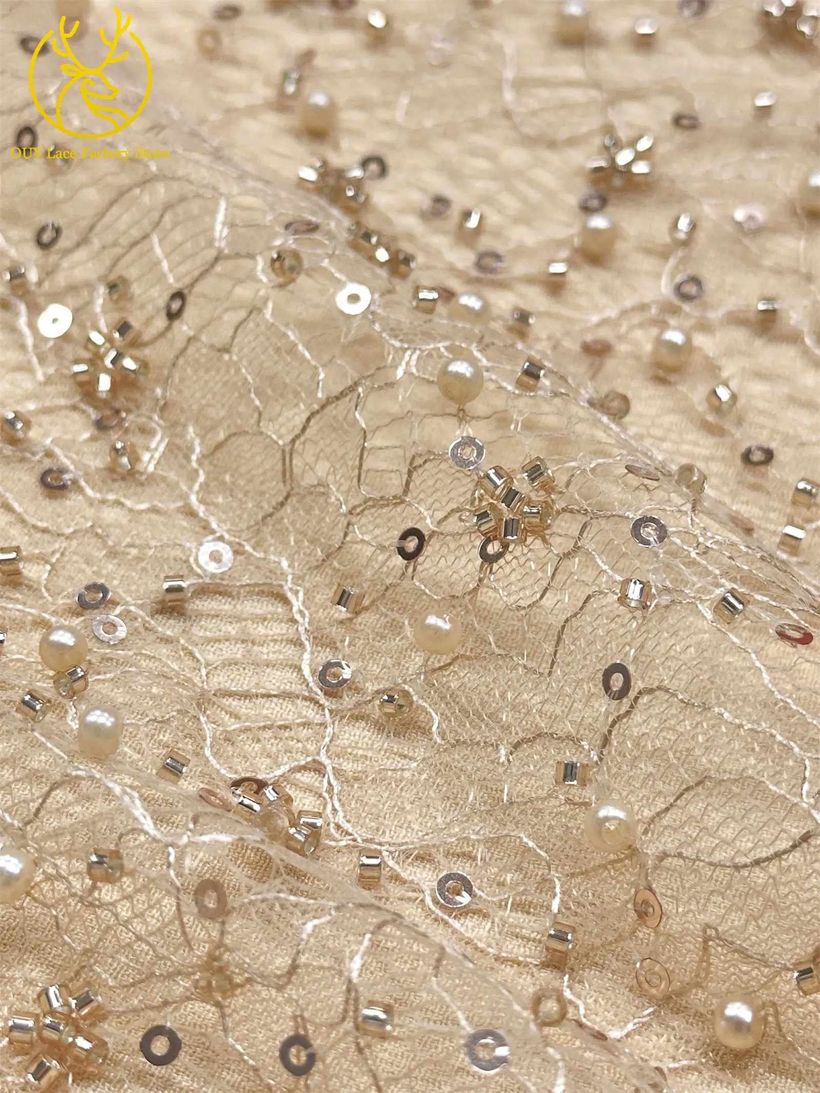 Kaffeebraune französische Tüllspitze mit Pailletten, 5 Yards, hochwertige afrikanische Spitze, nigerianischer Perlenstickerei-Spitzenstoff zum Nähen von Damen-Abendkleidern – Detail 12