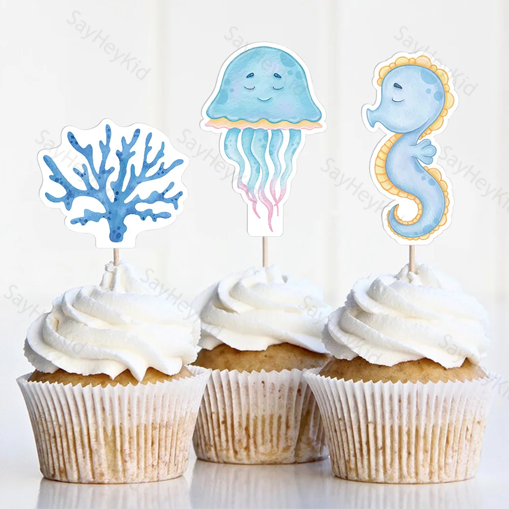 Decorações de bolo oceano sob o mar sereia bolo toppers concha coral papel cupcake topper diy aniversário festa marinha bolo suppli