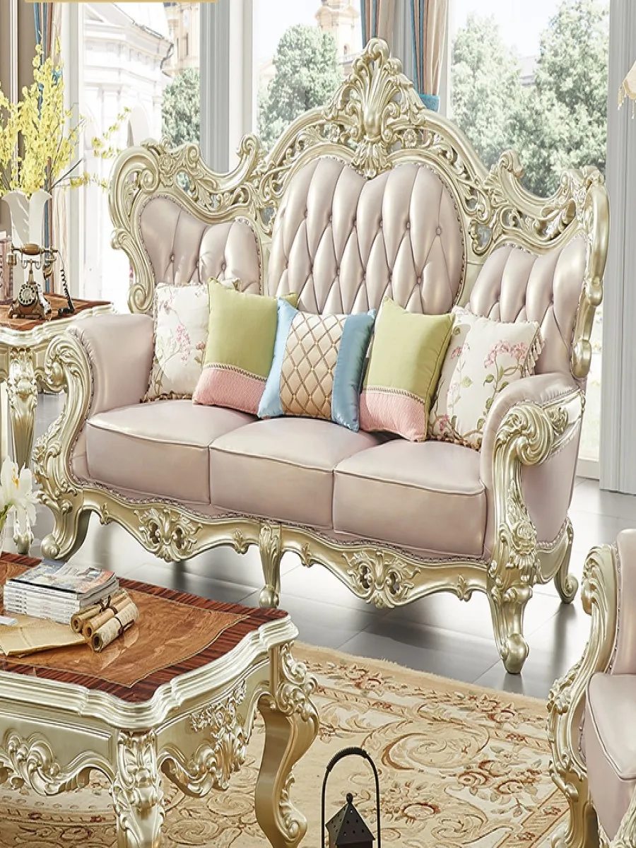 European-style villas, large leather sofas, solid wood carvings, first-layer cowhide, neo-classical luxury furniture