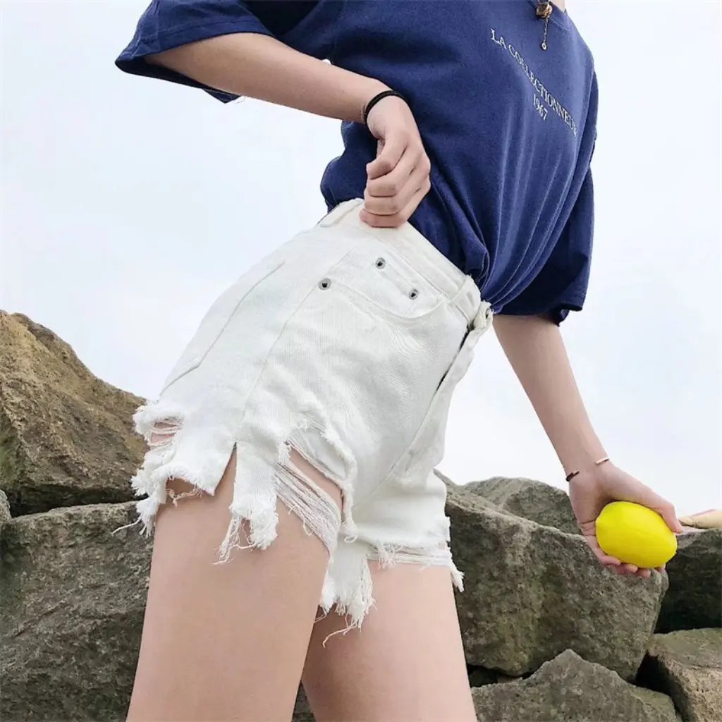 

YPFF женские джинсовые шорты с высокой талией, летние свободные утягивающие широкие шорты, однотонные студенческие модные шорты, горячая распродажа