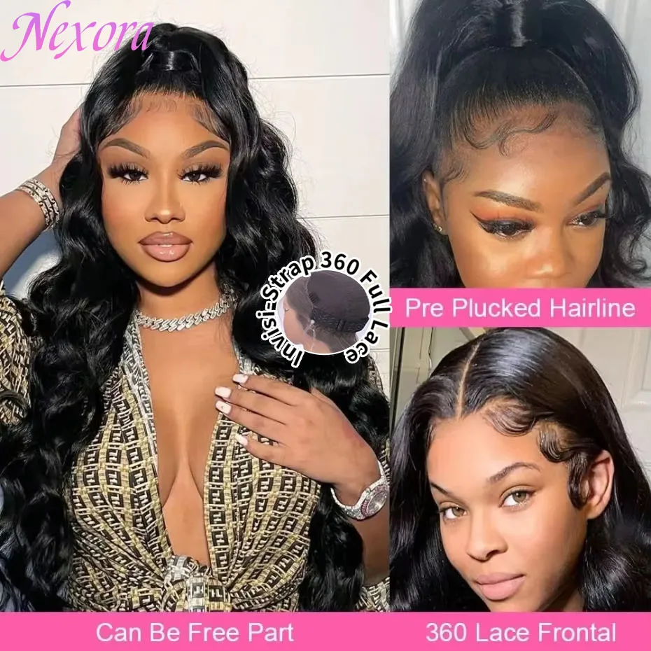 넥소라 인모 360 레이스 인비지 스트랩 블랙 가발 1b 바디 웨이브 가발 프리 플러킹 인모 가발 프리 플러킹 브라질리언 헤어 가발