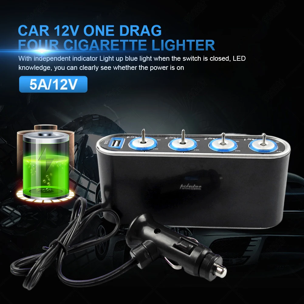 12V Car Power Distributor USB Port Cigarette Lighter Socket Splitter LED Light Cigarette Lighter Plug Socket Car Charger Adapter