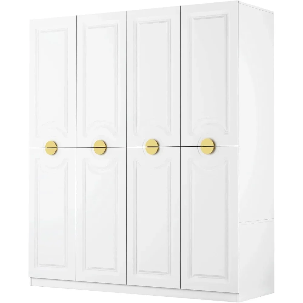 White wardrobe: 4 doors -4 drawers and handrails, with 1 hanger - cabinet handle with metal legs