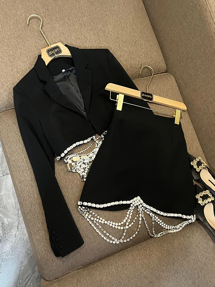 Designed Rhinestone Chain Tassels Hem Women Fashion Notched Long Sleeve Solid Blazer Skirt 2Pcs Set