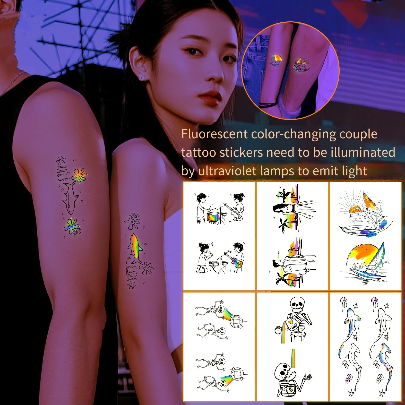 

10 Sheets Music Festival Fluorescent Temporary Tattoo Sticker Musical Note Microphone Headset Night Glow Waterproof Fake Tattoo
