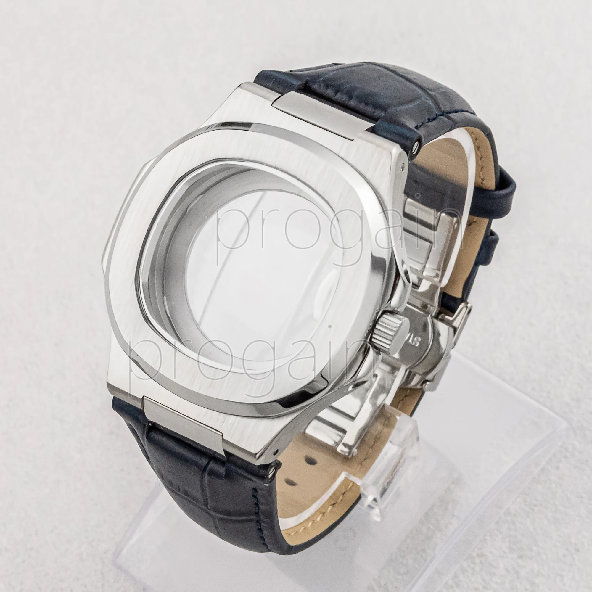 Boîtier Nautilus NH35 de 41mm, bracelet en cuir véritable de 25mm, boucle papillon transparente pour cadran de 30.5mm, remplacement de mouvement NH36