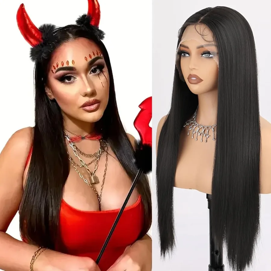 باروكة صناعية بدانتيل أمامي للنساء ذوات البشرة السمراء مع نمط مستقيم منزوع مسبقًا وشعر أطفال بدون صمغ، مثالية للحفلات واليومية