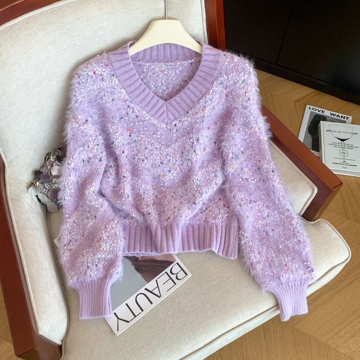 

Women's Purple V-Neck Knit Pullover Mohair Sweater Vintage 2000s Jumper Knitwear Long Sleeves Luxury Sweater Autumn Winter 2025