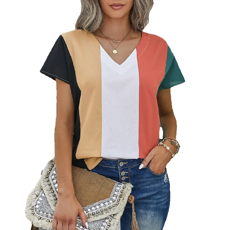 

Summer Color Matching V-Neck Short Sleeved T-Shirt Women's AV Neck Loose Version Multi Patchwork Women's Top