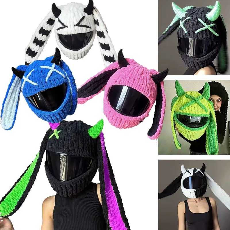 

Motorcycle Helmet Headgear Cover Trendy Devil's Horns Creative Cartoon Knitted for Motocross Full-Face Protective Helmets Case