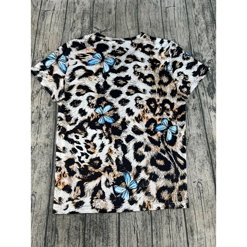 Plus Size - Plus Size - Women'S Fashionable Leopard Print V-Neck Top with Blue Butterfly Accents - Casual, Machine Washable