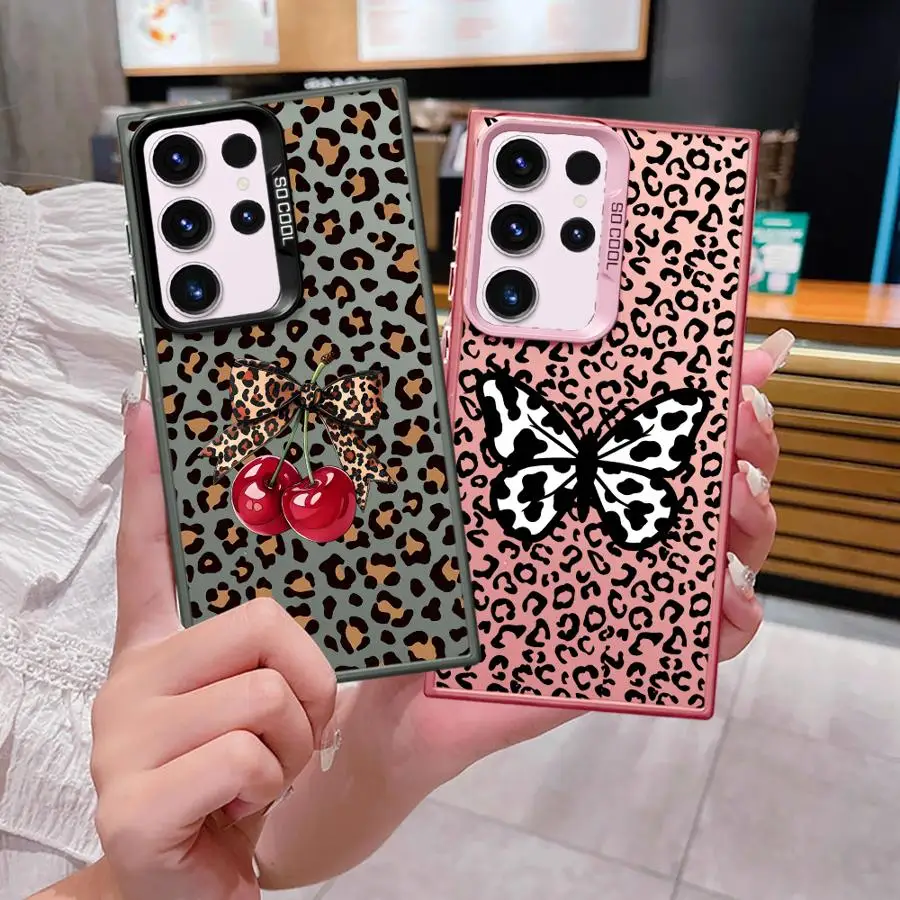 Case for Samsung Galaxy S22 Ultra S23 S24 FE S25 S21 S25Edge Note 20 Ultra S20 FE Phone Cover Leopard Butterflies Cherry