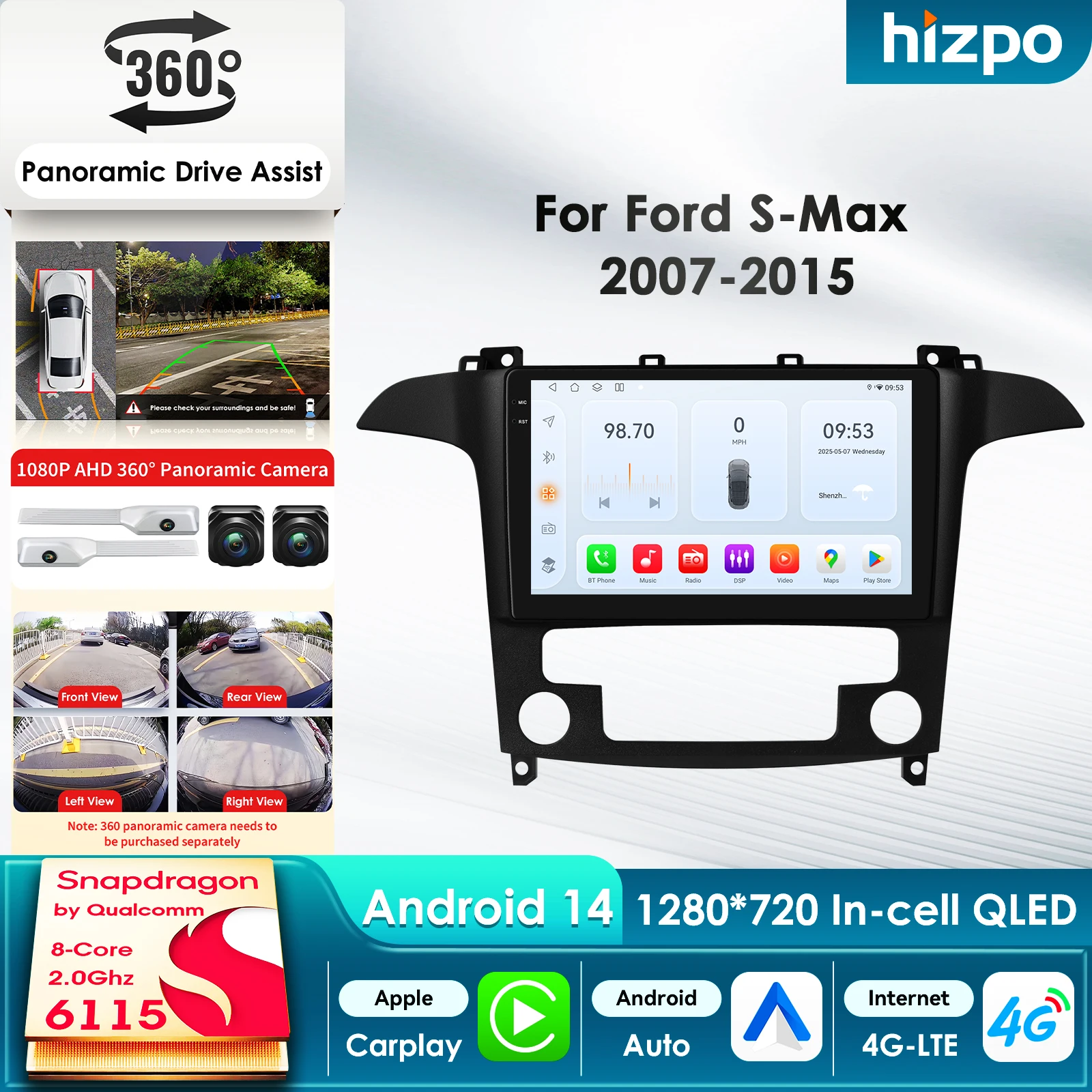 

Автомобильный мультимедийный плеер Hizpo на Android для Ford S-MAX 2007-2015 с GPS, Carplay, 4G, AI и интеллектуальным видеоэкраном