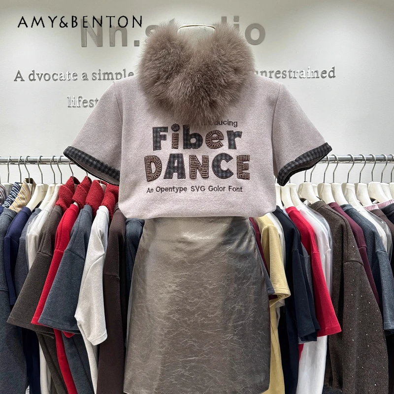 

Winter Thickened Brushed Short Sleeved T-shirt For Women's High-End Beaded Letters Regular Shoulder Casual Slimming Top Tshirts