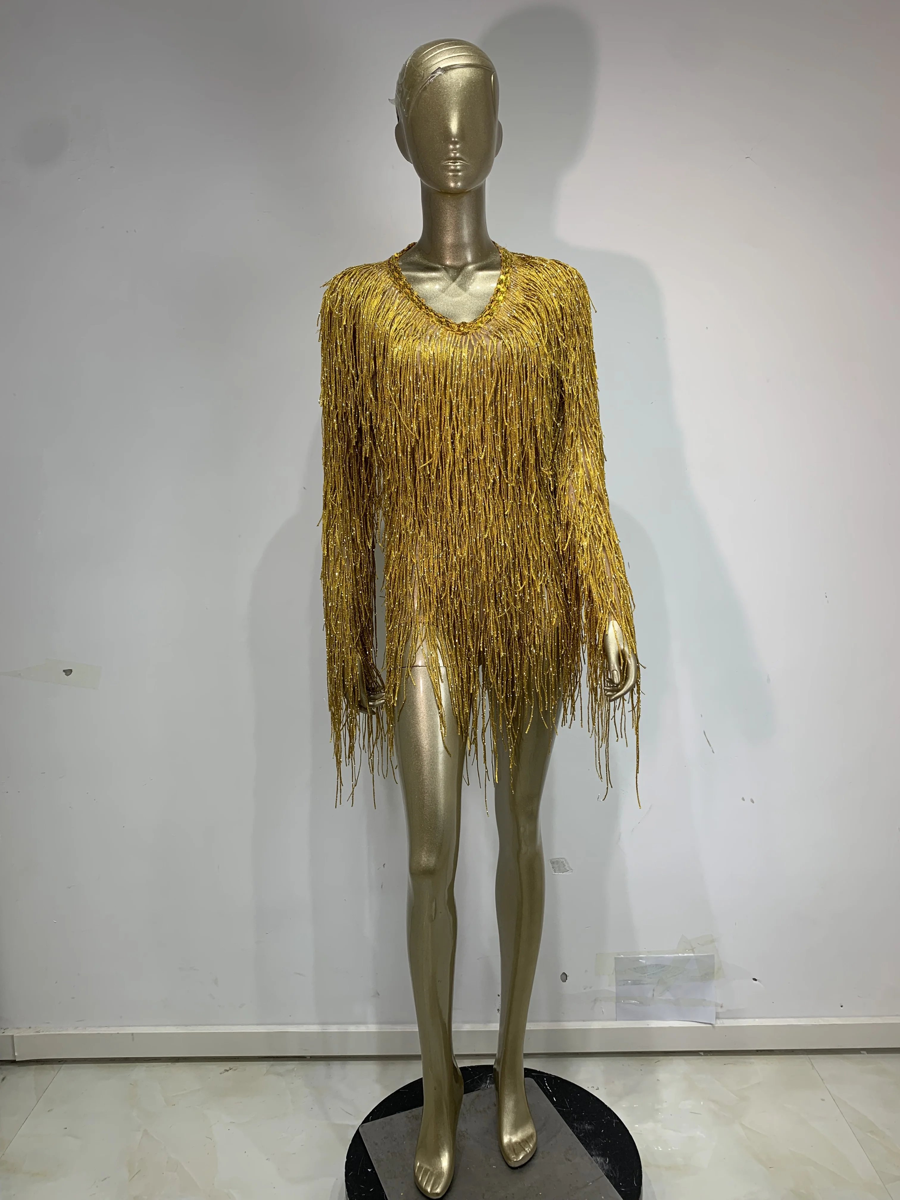 Women Luxury Gold Tassel Long Sleeve Diamond V Neck Backless Mesh Bodycon Leotard Evening Club Party Nightbar Stage Costumes