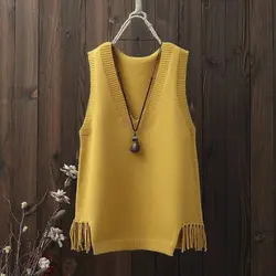 Tassel Vintage Women Versatile Sweater Vest Spring Autumn New V-neck Fashion Korean Casual Solid Pullover Knitted Sleeveless Top