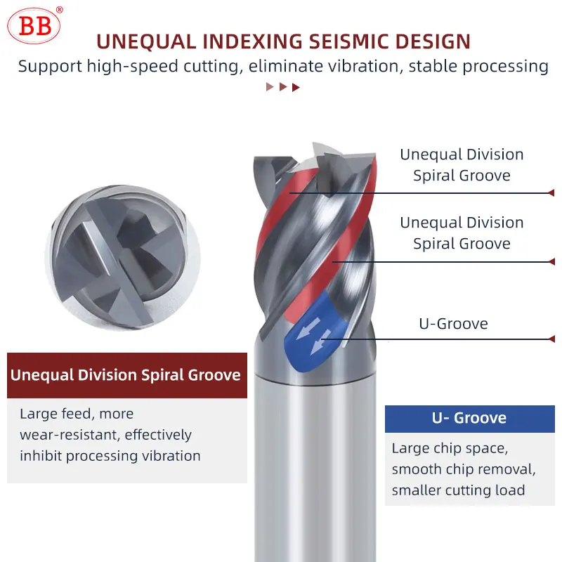 BB-CNC Milling Cutter, Curto Comprimento De Corte, Carboneto Sólido Revestido, Alumínio Aço Metal, 1mm-12mm, End Mill