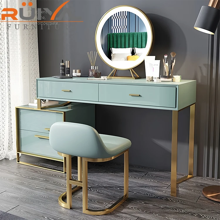 Scandinavian Leather Dressing Table With Mirror and Chair Simple Bedroom Makeup Vanities Durable for Small Apartments