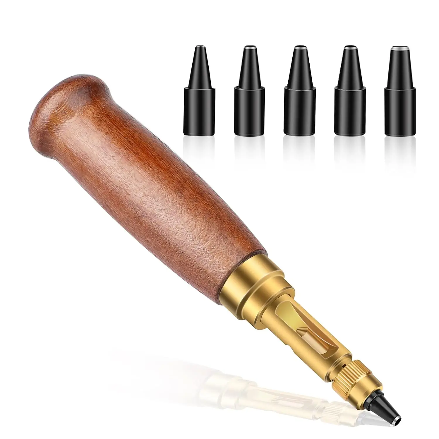 

Adjustable Leather Hole Punching Tool Automatic Puncher with Wooden Handle Hollow Hole Punch with 6 Tips Size1.5/2/2.5/3/3.5/4mm
