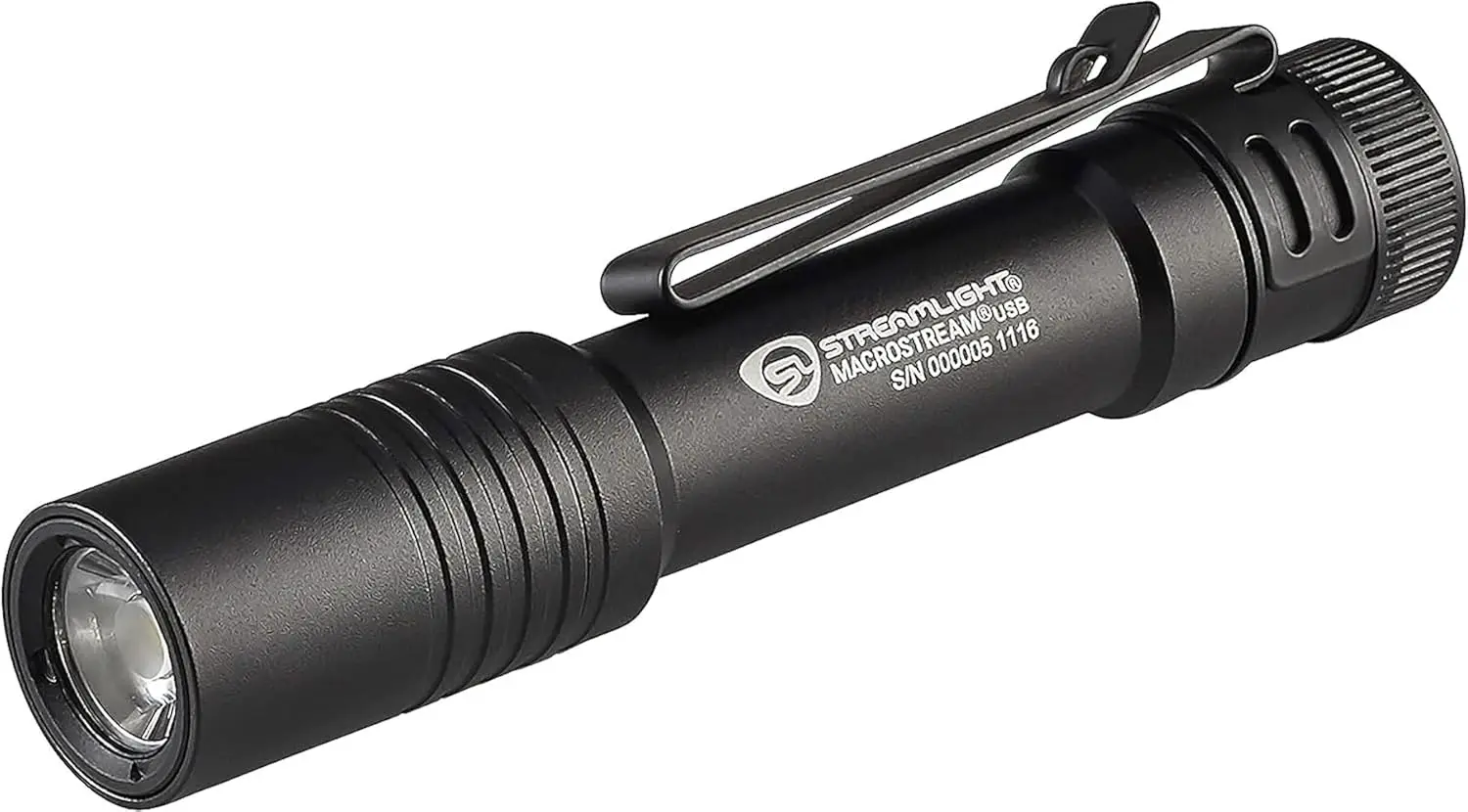 

MacroStream USB 500-Lumen Rechargeable Compact Flashlight with Wrist Lanyard, Hat Clip and USB Cord, Black 66320