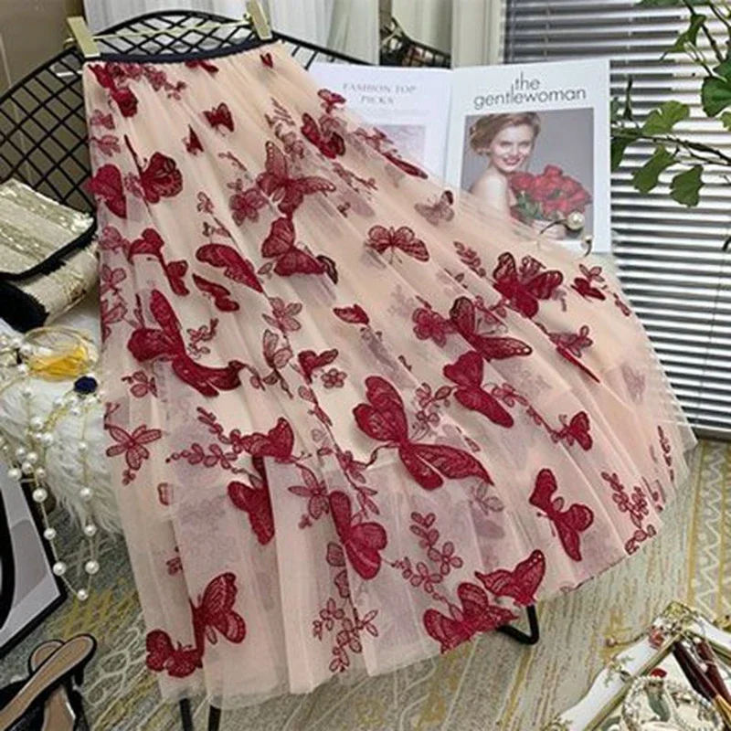 Vintage Butterfly Embroidery Midi Skirts Women High Waist Casual Faldas Largas ajustadas Korean Style Mid Length Tulle Skirt y2k