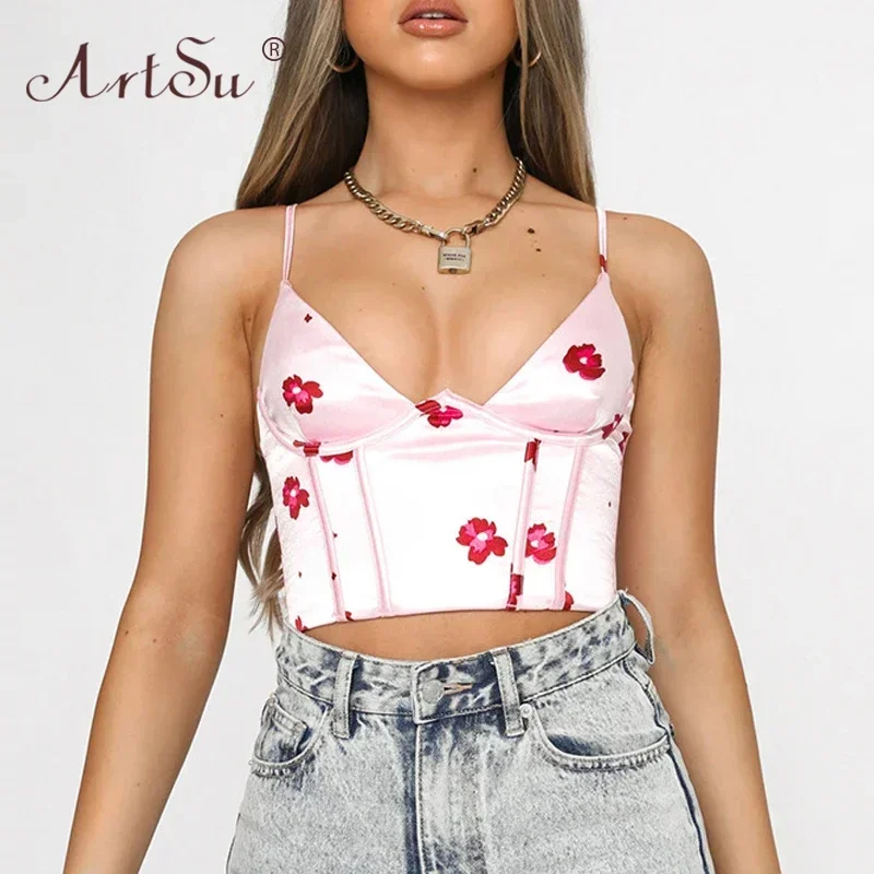 Sexy Satin Crop Top Women Floral Print Camis High Street Sleeveless Backless Tank Top Summer Spaghetti Strap Skinny Corset Top