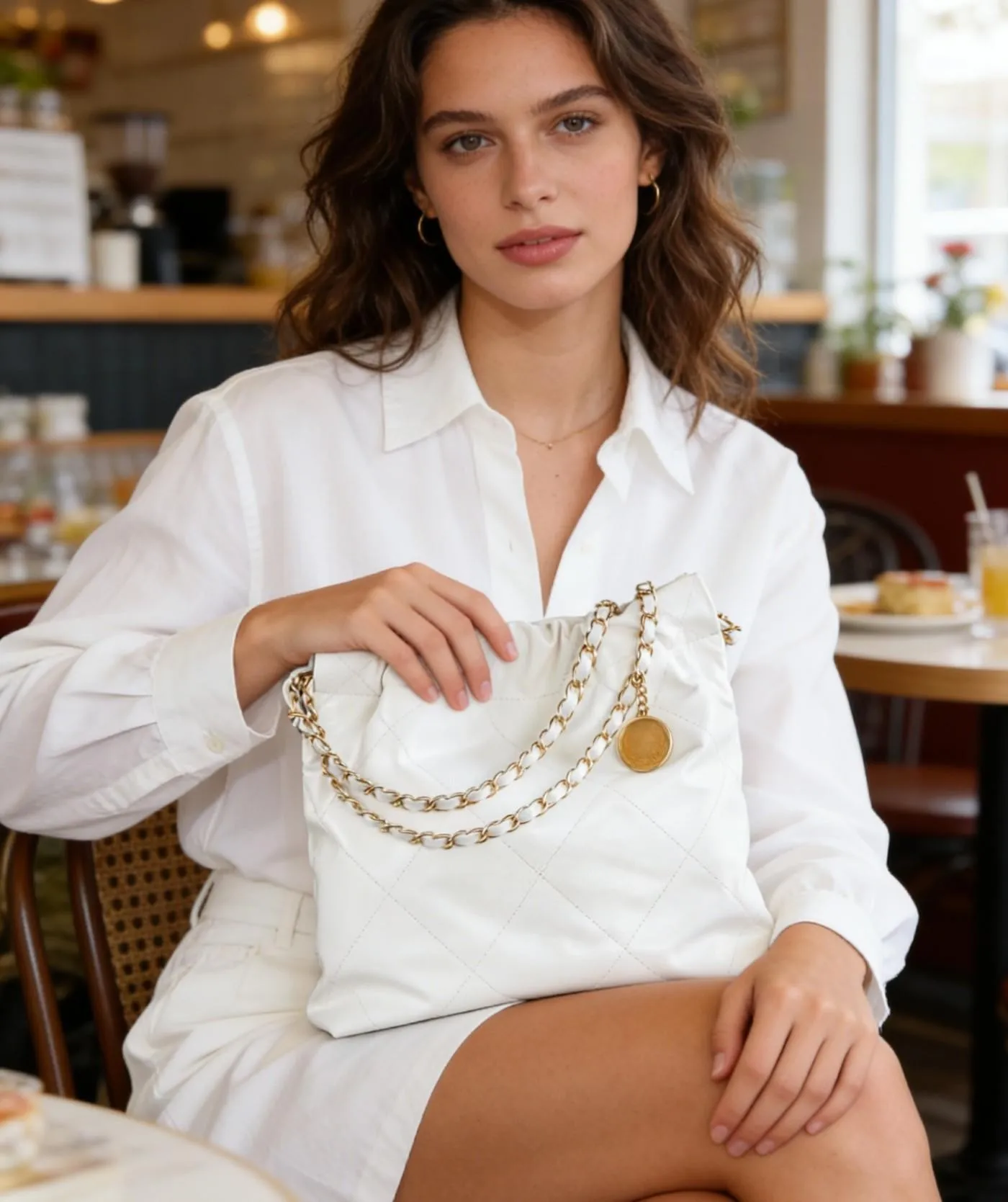 

Минималистичная белая мини-сумка для женщин с декоративной жемчужной цепочкой и застежкой-клапаном, изящный дизайн для вечеринок и вечерних образов.