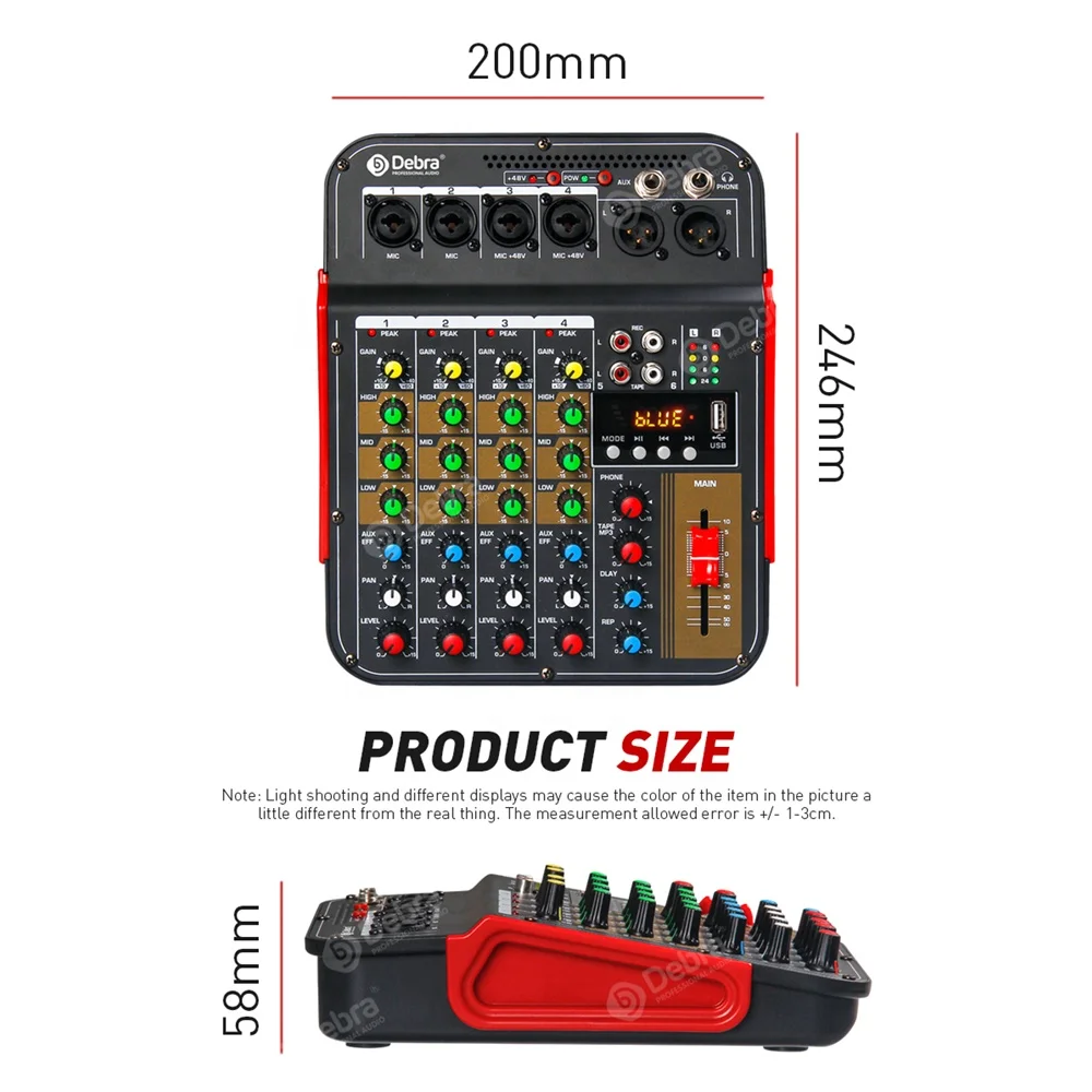 2025 رائجة البيع Debra Audio DM4 المحمولة 4 قناة الرقمية DJ جهاز مزج الصوت الصغير مع تأثير تردد الأسنان الزرقاء 48 فولت لتسجيل الكمبيوتر B