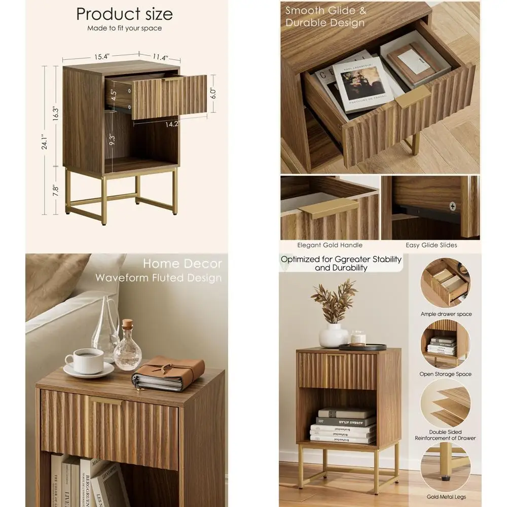 

Современная прикроватная тумбочка цвета орехового дерева с рифленой отделкой и выдвижным ящиком для хранения, подходит для спальни, гостиной и офиса.