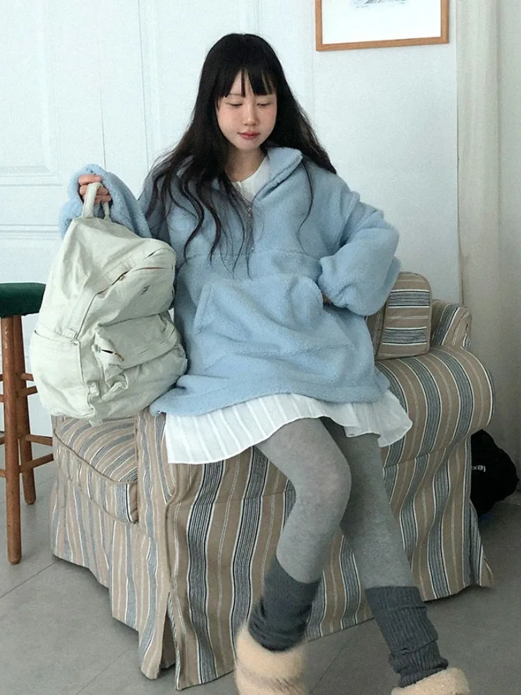 Felpa dolce calda con zip in pelliccia di agnello blu Jaet da donna Faion Lazy Sle Top marca cinese ex autunno stagionale