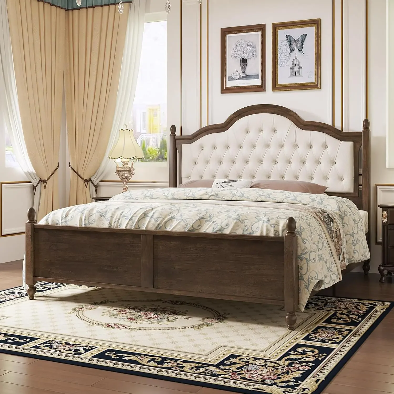 Solid Wood Bed Frame with Linen Upholstered Headboard, Queen Size Wood Platform Bed with Wood Slats, No Box Spring Needed