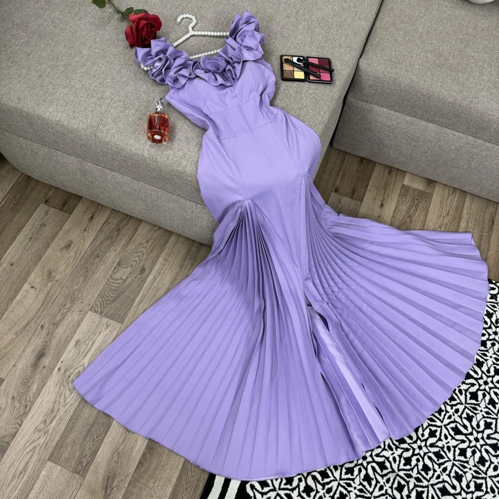 

Elegant A-Line Evening Dresses O Neck Sleeveless Prom Gowns Ruffles Pleat Back Zipper Floor Length Party Dress فساتين السهرة