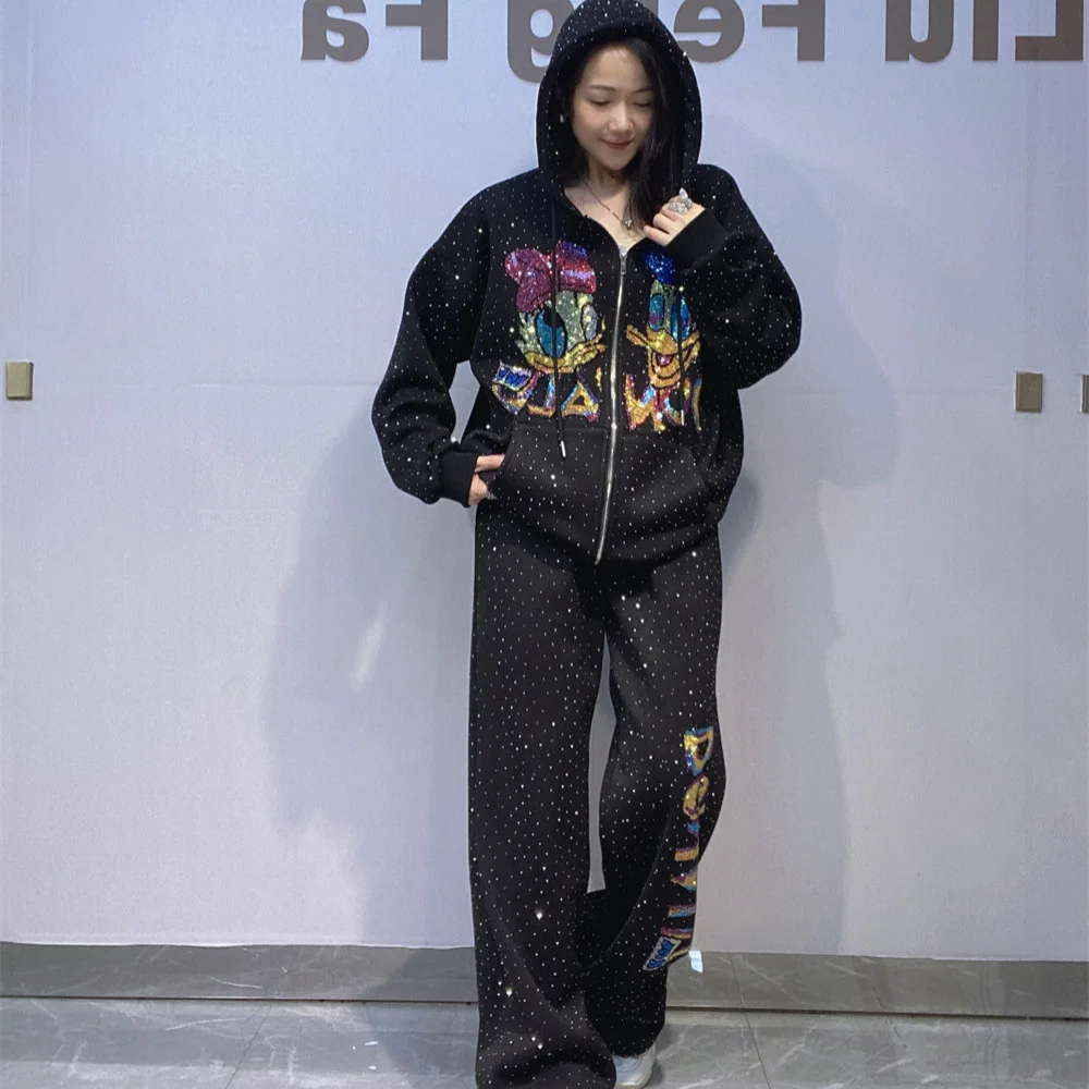 

Thicken Fleece Hoodie Sets Women New Autumn Winter Cartoon Diamonds Hooded Zip Cardigans Coat + Elastic Waist Straight Pants