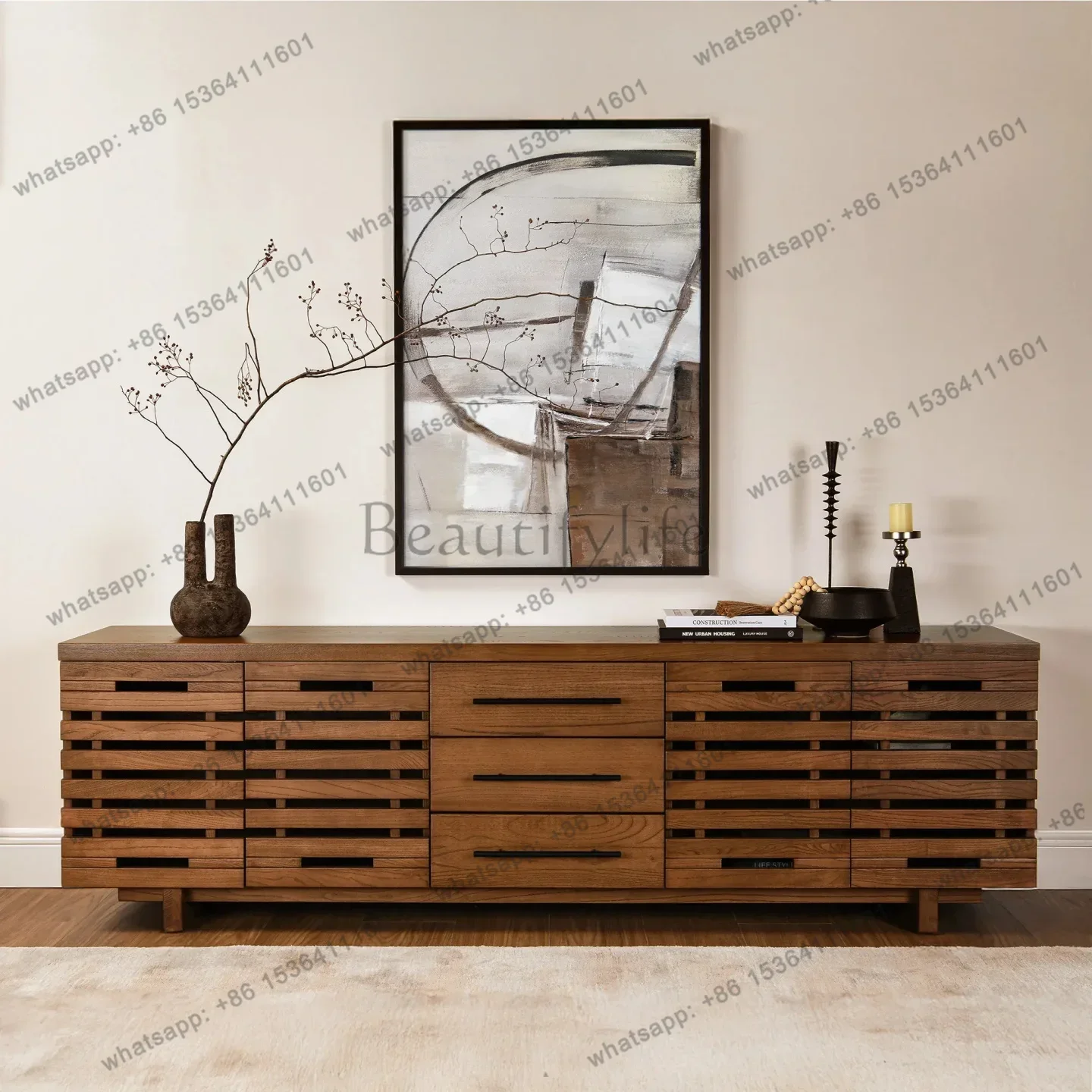 Solid wood, medieval style dining side cabinet, large capacity storage, retro style storage cabinet in living room