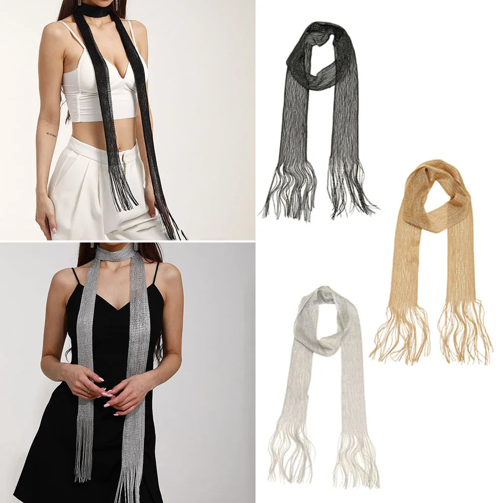 Fashion Nightclub Gold Silver Bright Silk Sunscreen Shawl Shiny Necklace For Women Lace Tassel Party Evening Dress Scarf