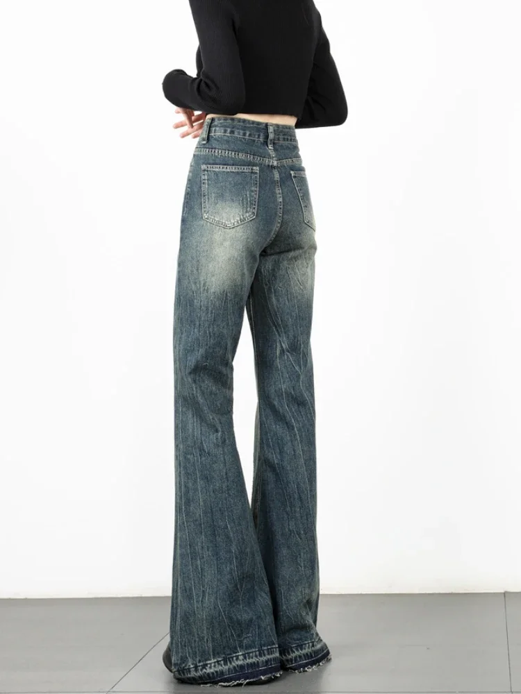 Flare Jeans wanita Retro Amerika warna gradien, celana Denim anak muda Hipster pinggang tinggi netral musim gugur