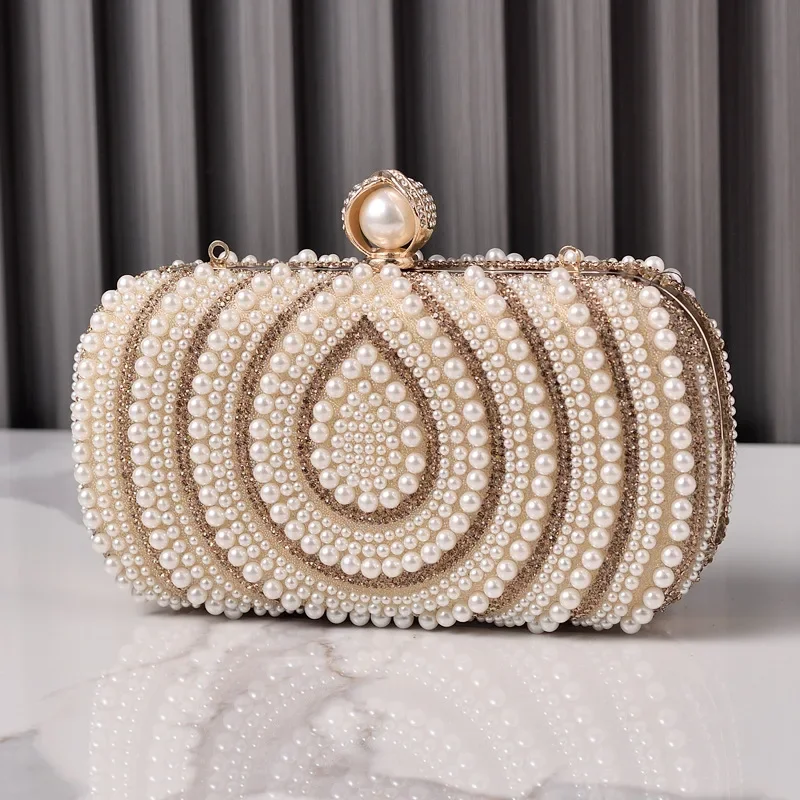 

Luxury Full Pearl Champagne Black White Handbags Small Clutch For Women Chain Shoulder Bag Crossbody Party Dinner Evening bag