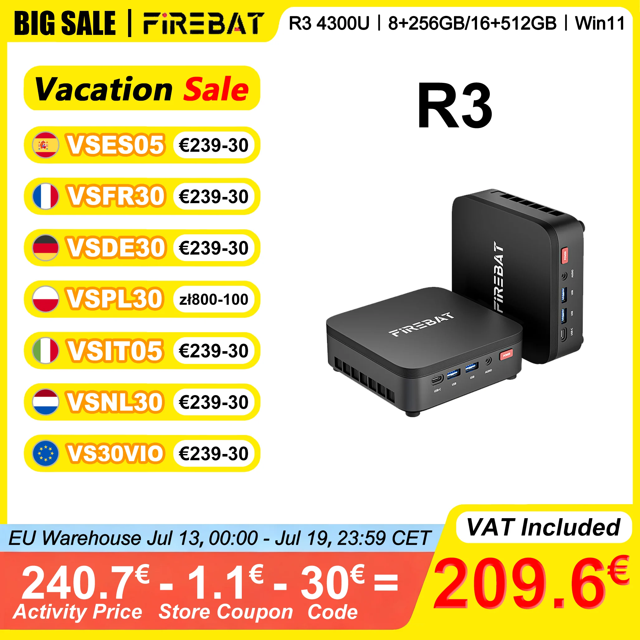 FIREBAT R3 MINI PC AMD Ryzen 3 4300U 8GB/16GB LPDDR4 RAM 256GB/512GB SSD Windows 11 WIFI6 Bluetooth5.2 HDMI