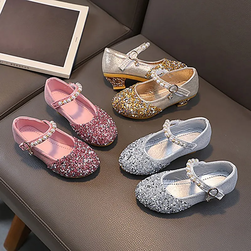 

Baywell Girls Leather Shoes Children Sequins Pearl High Heel Kids Dance Glitter Princess Shoes Fashion Girls Party Dance Shoe